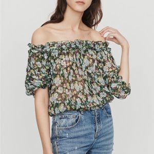 NWT Maje Lulli smocked floral top - 97% silk - Sz 1 / XS - Off the Shoulder